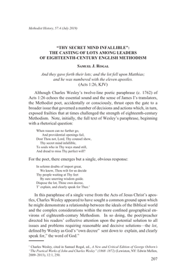 “THY SECRET MIND INFALLIBLE”: the CASTING of LOTS AMONG LEADERS of EIGHTEENTH-CENTURY ENGLISH METHODISM Samuel J