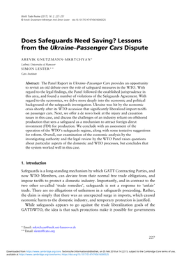 Does Safeguards Need Saving? Lessons from the Ukraine–Passenger Cars Dispute