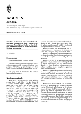 Innst. 210 S (2013–2014) Innstilling Til Stortinget Fra Transport- Og Kommunikasjonskomiteen