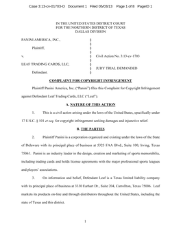 1 in the UNITED STATES DISTRICT COURT for the NORTHERN DISTRICT of TEXAS DALLAS DIVISION PANINI AMERICA, INC., § § Plaintiff