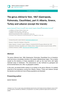 The Genus Albinaria Vest, 1867 (Gastropoda, Pulmonata, Clausiliidae), Part II: Albania, Greece, Turkey and Lebanon (Except the Islands)