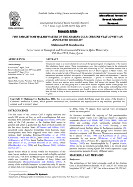 Research Article FISH PARASITES of QATARI WATERS of the ARABIAN GULF: CURRENT STATUS with an ANNOTATED CHECKLIST Mahmoud M