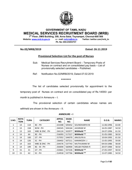 Provisional Selection List for the Post of Nurses, 2019