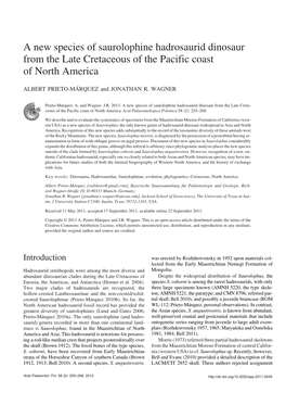 A New Species of Saurolophine Hadrosaurid Dinosaur from the Late Cretaceous of the Pacific Coast of North America