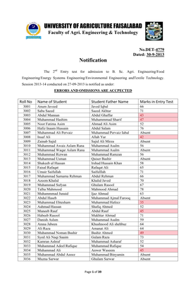 UNIVERSITY of AGRICULTURE FAISALABAD Faculty of Agri