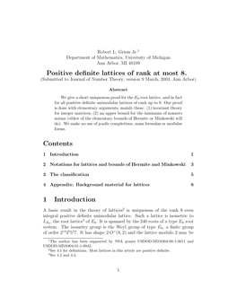 Positive Definite Lattices of Rank at Most 8. Contents 1 Introduction