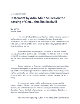 Statement by Adm. Mike Mullen on the Passing of Gen