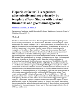 Heparin Cofactor II Is Regulated Allosterically and Not Primarily by Template Effects