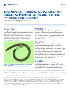 Lance Nematode, Hoplolaimus Galeatus (Cobb, 1913) Thorne, 1935 (Nematoda: Secernentea: Tylenchida: Tylenchoidea: Hoplolaimidae)1 William T