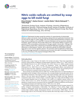 Nitric Oxide Radicals Are Emitted by Wasp Eggs to Kill Mold Fungi Erhard Strohm1*, Gudrun Herzner1, Joachim Ruther2, Martin Kaltenpoth1,3†, Tobias Engl1,3†