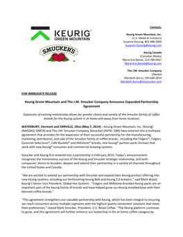 Keurig Green Mountain and the J.M. Smucker Company Announce Expanded Partnership Agreement