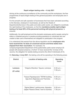 Rapid Antigen Testing Units – 4 July 2021 Aiming at the Continuous