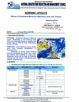 NDRRMC Update Re Effects of Southwest Monsoon 23 July 2012