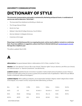 UNIVERSITY COMMUNICATIONS DICTIONARY of STYLE This University Communications Style Guide Is Maintained by Marketing and Special Events