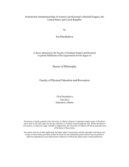 Institutional Entrepreneurship of Women’S Professional Volleyball Leagues, the United States and Czech Republic