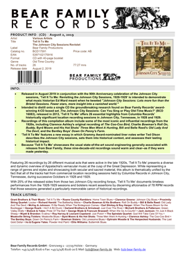 CD) August 2, 2019 Artist Various Artists Title Tell It to Me the Johnson City Sessions Revistet Label Bear Family Productions Catalog No