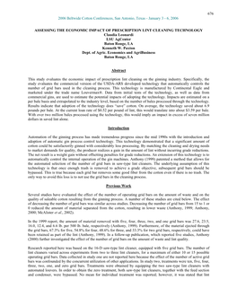 ASSESSING the ECONOMIC IMPACT of PRESCRIPTION LINT CLEANING TECHNOLOGY Claudia Leonardi LSU Agcenter Baton Rouge, LA Kenneth W