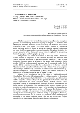 The Grammar of Romanian Ed. by Gabriela PANĂ DINDELEGAN Oxford: Oxford University Press, Xxxiii + 704 Pages