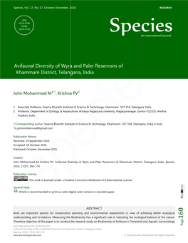 Avifaunal Diversity of Wyra and Paler R Khammam District, Telangana