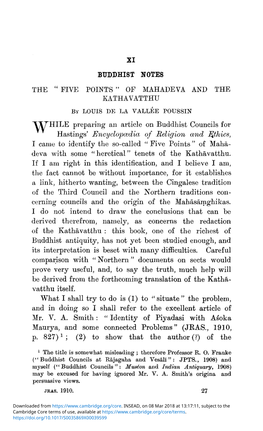 XI. Buddhist Notes. the “Five Points” of Mahadeva and the Kathavatthu