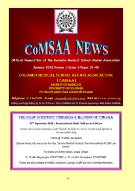 COLOMBO MEDICAL SCHOOL ALUMNI Association (Comsaa) FACULTY of MEDICINE UNIVERSITY of COLOMBO P.O