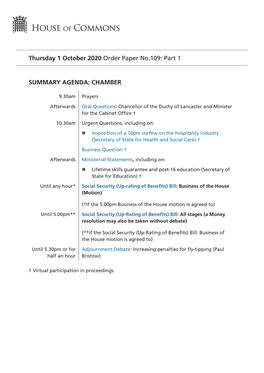 Thursday 1 October 2020 Order Paper No.109: Part 1