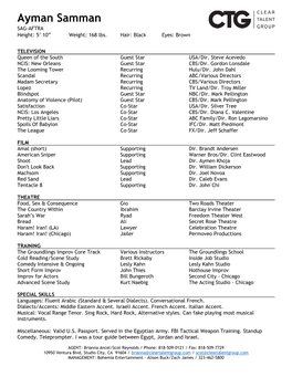 Ayman Samman SAG-AFTRA Height: 5’ 10” Weight: 168 Lbs