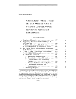 Whose Liberty? Whose Security? the USA PATRIOT Act in the Context of COINTELPRO and the Unlawful Repression of Political Dissent