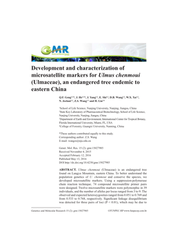 Development and Characterization of Microsatellite Markers for Ulmus Chenmoui (Ulmaceae), an Endangered Tree Endemic to Eastern China