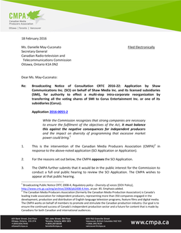 18 February 2016 Ms. Danielle May-Cuconato Filed Electronically Secretary General Canadian Radio-Television and Telecommunicati