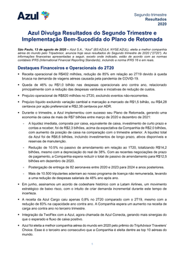 Azul Divulga Resultados Do Segundo Trimestre E Implementação Bem-Sucedida Do Plano De Retomada