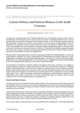 Current Military and Political Menaces in the South Caucasus Written by Eduard Abrahamyan