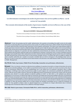 Les Déterminants Économiques Des Modes De Gouvernance Des Services Publics Au Maroc : Cas Du Secteur De L'eau Potable