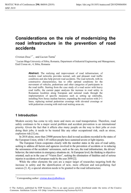 Considerations on the Role of Modernizing the Road Infrastructure in the Prevention of Road Accidents