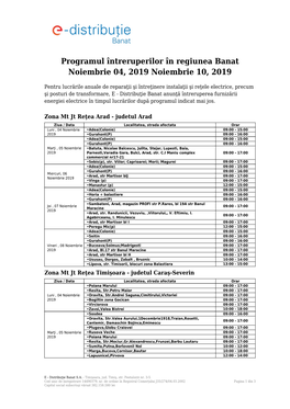 Programul Întreruperilor În Regiunea Banat Noiembrie 04, 2019 Noiembrie 10, 2019