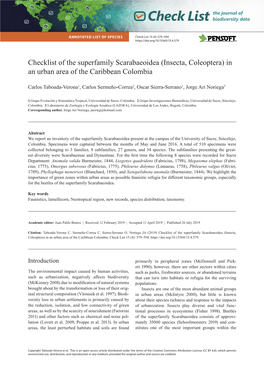 Checklist of the Superfamily Scarabaeoidea (Insecta, Coleoptera) in an Urban Area of the Caribbean Colombia
