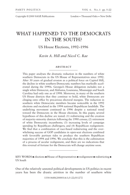 WHAT HAPPENED to the DEMOCRATS in the SOUTH? US House Elections, 1992–1996