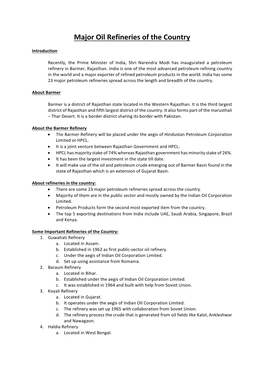 Major Oil Refineries of the Country