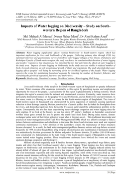 Impacts of Water Logging on Biodiversity – Study on South- Western Region of Bangladesh