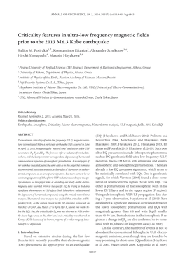 Criticality Features in Ultra-Low Frequency Magnetic Fields Prior to the 2013 M6.3 Kobe Earthquake Stelios M