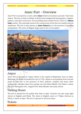 Amer Fort - Overview Amer Fort Is Situated in a Town Called Amer Which Is Located at Around 11Km from Jaipur