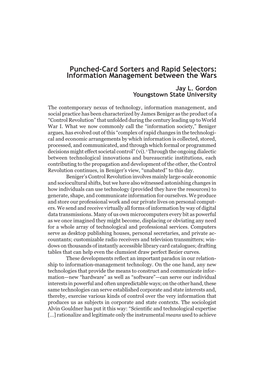 Punched-Card Sorters and Rapid Selectors: Information Management Between the Wars Jay L