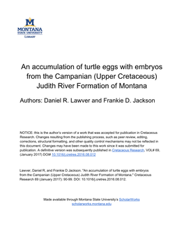 An Accumulation of Turtle Eggs with Embryos from the Campanian (Upper Cretaceous) Judith River Formation of Montana