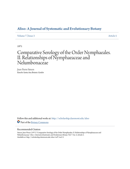 Comparative Serology of the Order Nymphaeales. II. Relationships of Nymphaeaceae and Nelumbonaceae Jean-Pierre Simon Rancho Santa Ana Botanic Garden