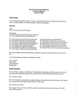 Sound Transit Board Meeting Summary Minutes April 1 0, 2003
