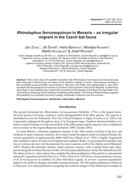 Rhinolophus Ferrumequinum in Moravia – an Irregular Migrant in the Czech Bat Fauna