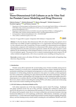 Three-Dimensional Cell Cultures As an in Vitro Tool for Prostate Cancer Modeling and Drug Discovery