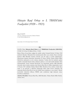 Hüseyin Rauf Orbay Ve I. TBMM'deki Faaliyetleri (1920 – 1923)