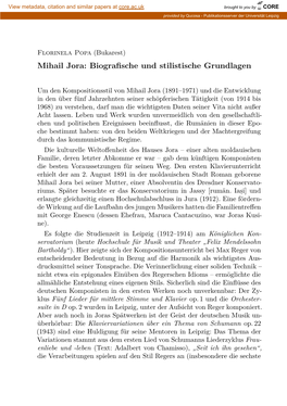 Mihail Jora: Biograﬁsche Und Stilistische Grundlagen