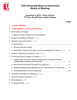 York University Board of Governors Notice of Meeting